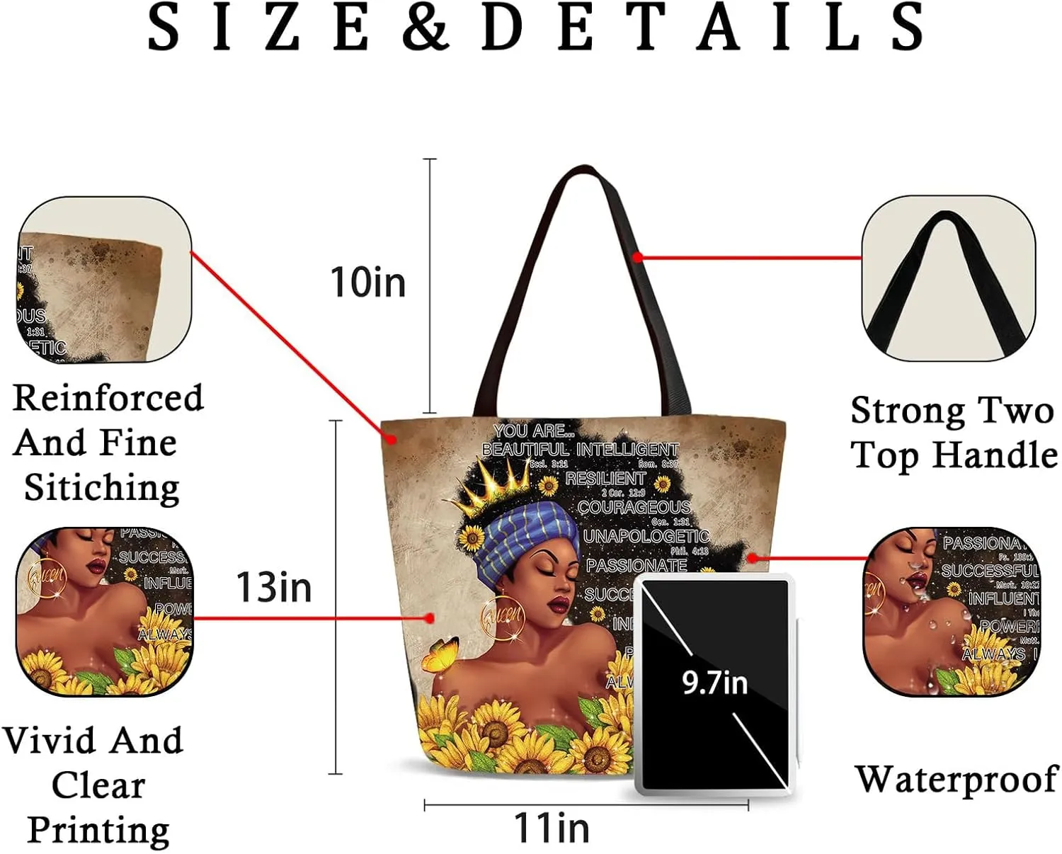 IAGM Black Women's Tote Bags - Waterproof African American Art Shoulder Bags