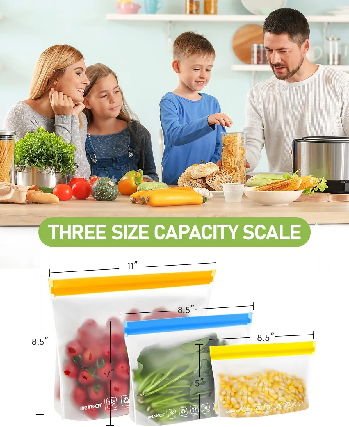 IDEATECH Food Storage Bags, BPA Free PEVA Reusable Gallon Freezer Bags, Reusable Sandwich Containers, Heallthy Food Bags Containers for Travel, Lunch(Grey, 24Pack-8Gallon 8Quart 8Snack)