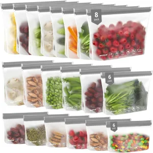 IDEATECH Food Storage Bags, BPA Free PEVA Reusable Gallon Freezer Bags, Reusable Sandwich Containers, Heallthy Food Bags Containers for Travel, Lunch(Grey, 24Pack-8Gallon 8Quart 8Snack)