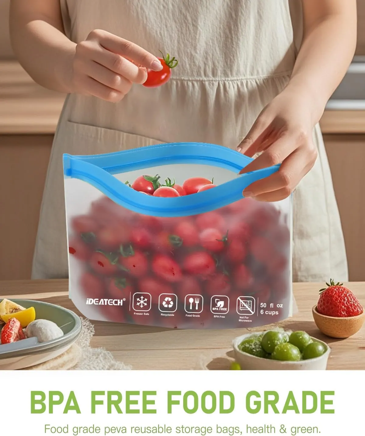 IDEATECH Food Storage Bags, BPA Free PEVA Reusable Gallon Freezer Bags, Reusable Sandwich Containers, Heallthy Food Bags Containers for Travel, Lunch(Grey, 24Pack-8Gallon 8Quart 8Snack)