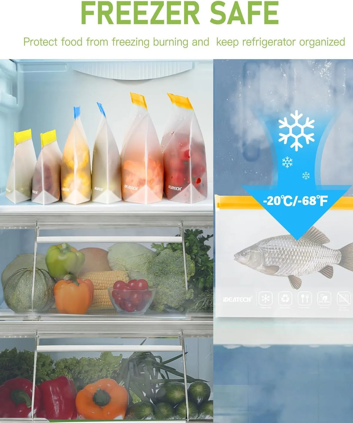 IDEATECH Food Storage Bags, BPA Free PEVA Reusable Gallon Freezer Bags, Reusable Sandwich Containers, Heallthy Food Bags Containers for Travel, Lunch(Grey, 24Pack-8Gallon 8Quart 8Snack)