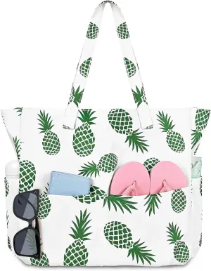 Iioscre Beach Bag for Women, Large Beach Tote Bag with Zipper Pockets, Waterproof Sandproof Swim Bag Pool Vacation Travel
