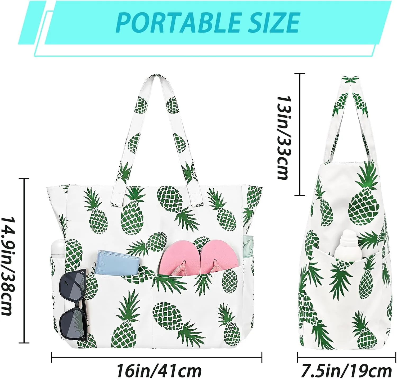Iioscre Beach Bag for Women, Large Beach Tote Bag with Zipper Pockets, Waterproof Sandproof Swim Bag Pool Vacation Travel
