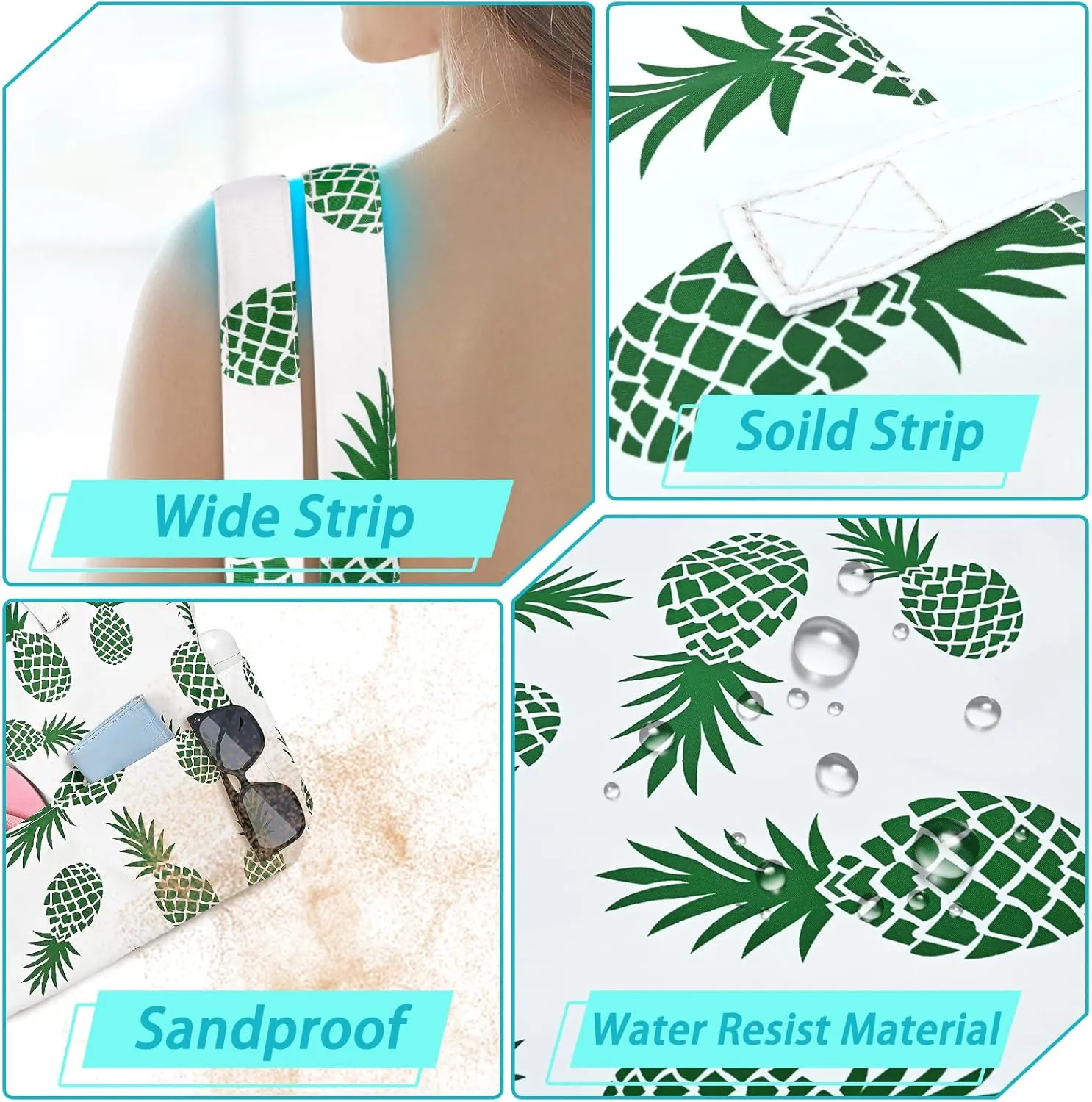 Iioscre Beach Bag for Women, Large Beach Tote Bag with Zipper Pockets, Waterproof Sandproof Swim Bag Pool Vacation Travel