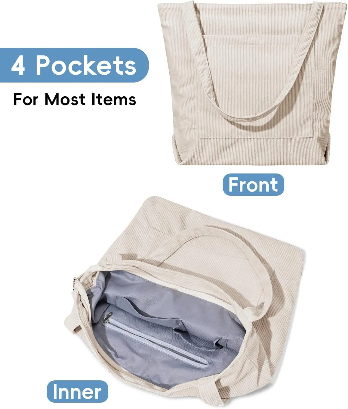 Iioscre Corduroy Tote Bag for Women,Hobo HandBags with Zipper,Large Capacity Casual Shoulder Handbags with Inner Pockets