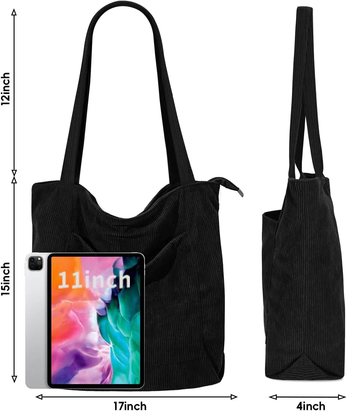 Iioscre Corduroy Tote Bag for Women,Hobo HandBags with Zipper,Large Capacity Casual Shoulder Handbags with Inner Pockets