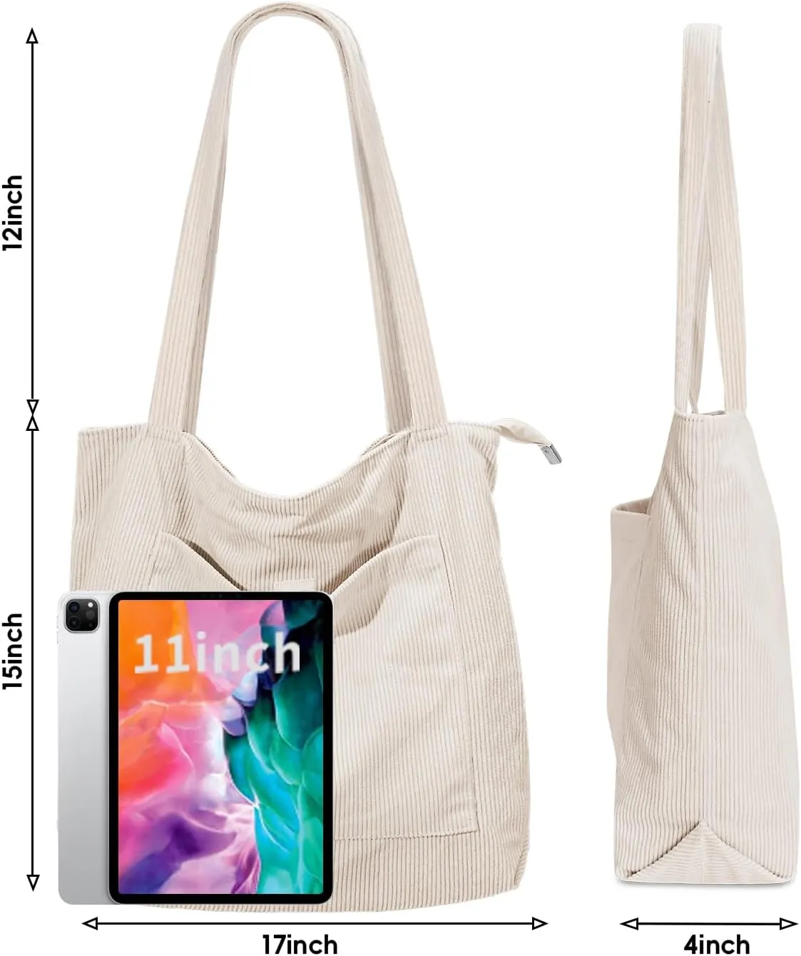 Iioscre Corduroy Tote Bag for Women,Hobo HandBags with Zipper,Large Capacity Casual Shoulder Handbags with Inner Pockets