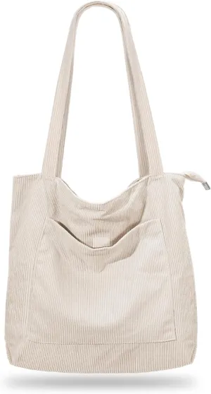 Iioscre Corduroy Tote Bag for Women,Hobo HandBags with Zipper,Large Capacity Casual Shoulder Handbags with Inner Pockets