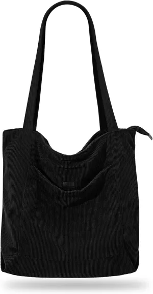 Iioscre Corduroy Tote Bag for Women,Hobo HandBags with Zipper,Large Capacity Casual Shoulder Handbags with Inner Pockets