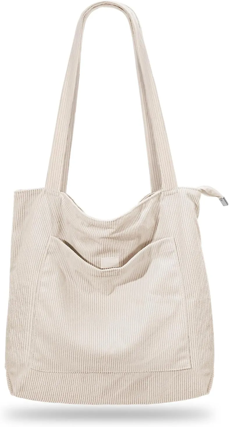 Iioscre Corduroy Tote Bag for Women,Hobo HandBags with Zipper,Large Capacity Casual Shoulder Handbags with Inner Pockets