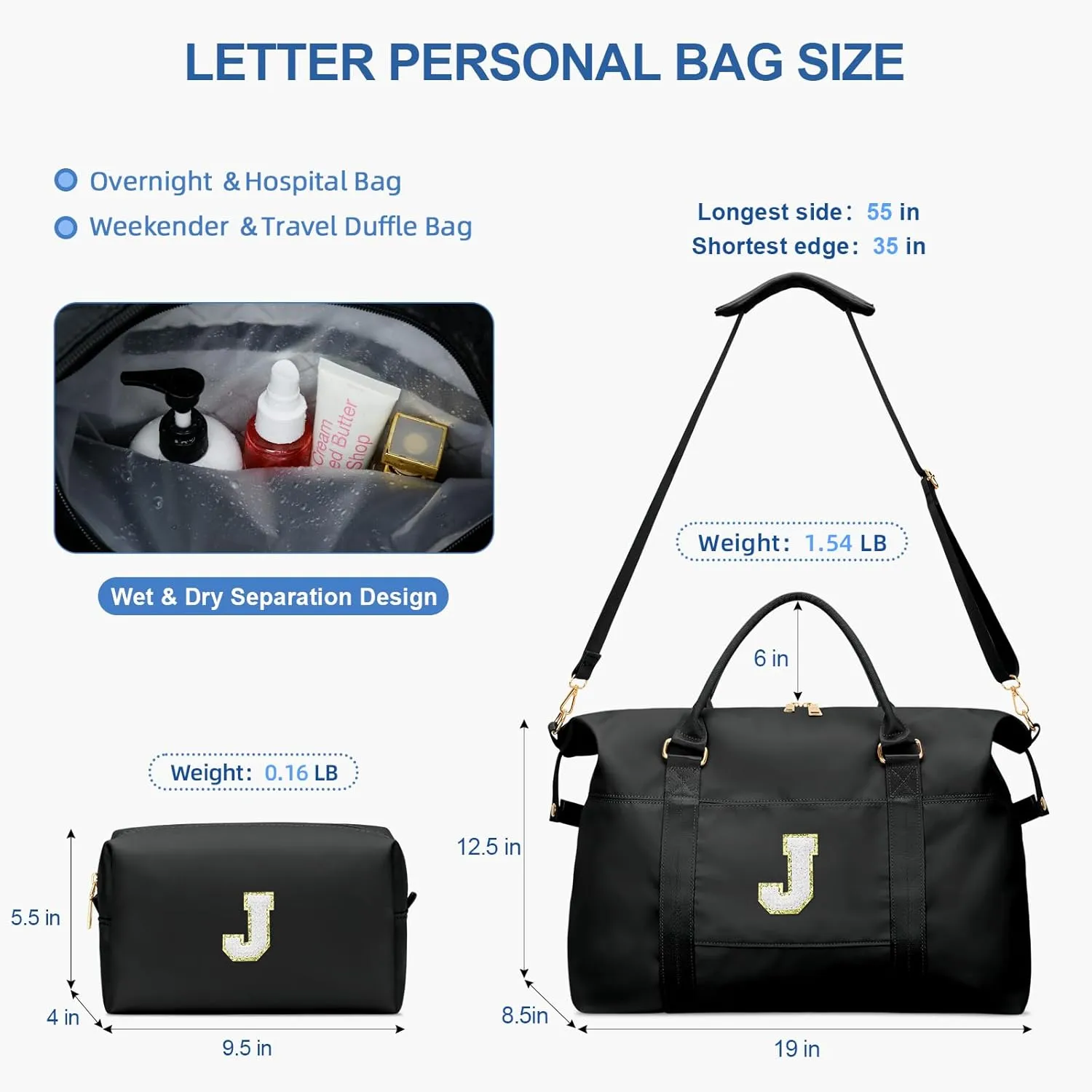 Initial Girls Travel Duffel Bag, Weekender Bags for Women, Kids Overnight Gym Carry On Tote Bag with Makeup Bag, Personalized Teen Girls Gift Trendy Stuff(Black,J)