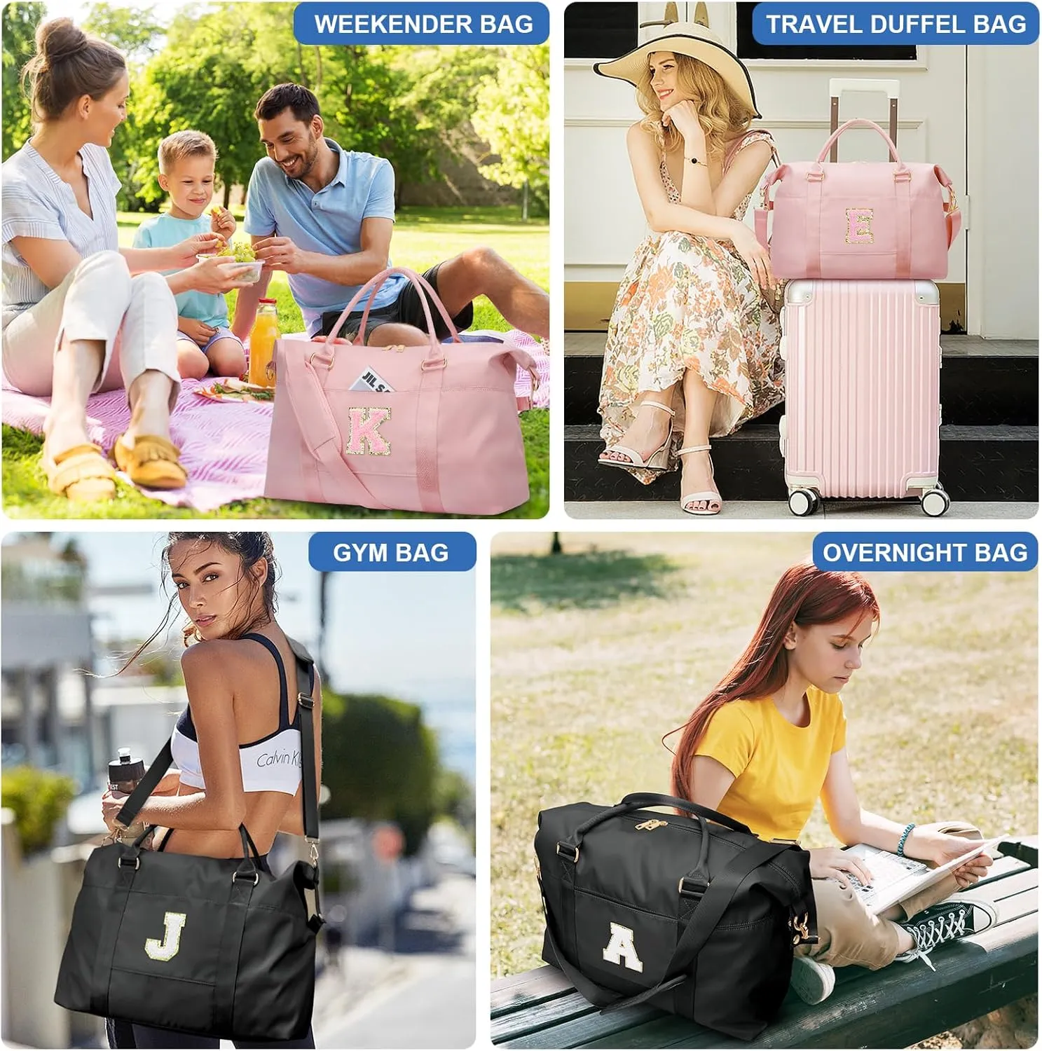 Initial Girls Travel Duffel Bag, Weekender Bags for Women, Kids Overnight Gym Carry On Tote Bag with Makeup Bag, Personalized Teen Girls Gift Trendy Stuff(Black,J)