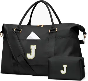 Initial Girls Travel Duffel Bag, Weekender Bags for Women, Kids Overnight Gym Carry On Tote Bag with Makeup Bag, Personalized Teen Girls Gift Trendy Stuff(Black,J)