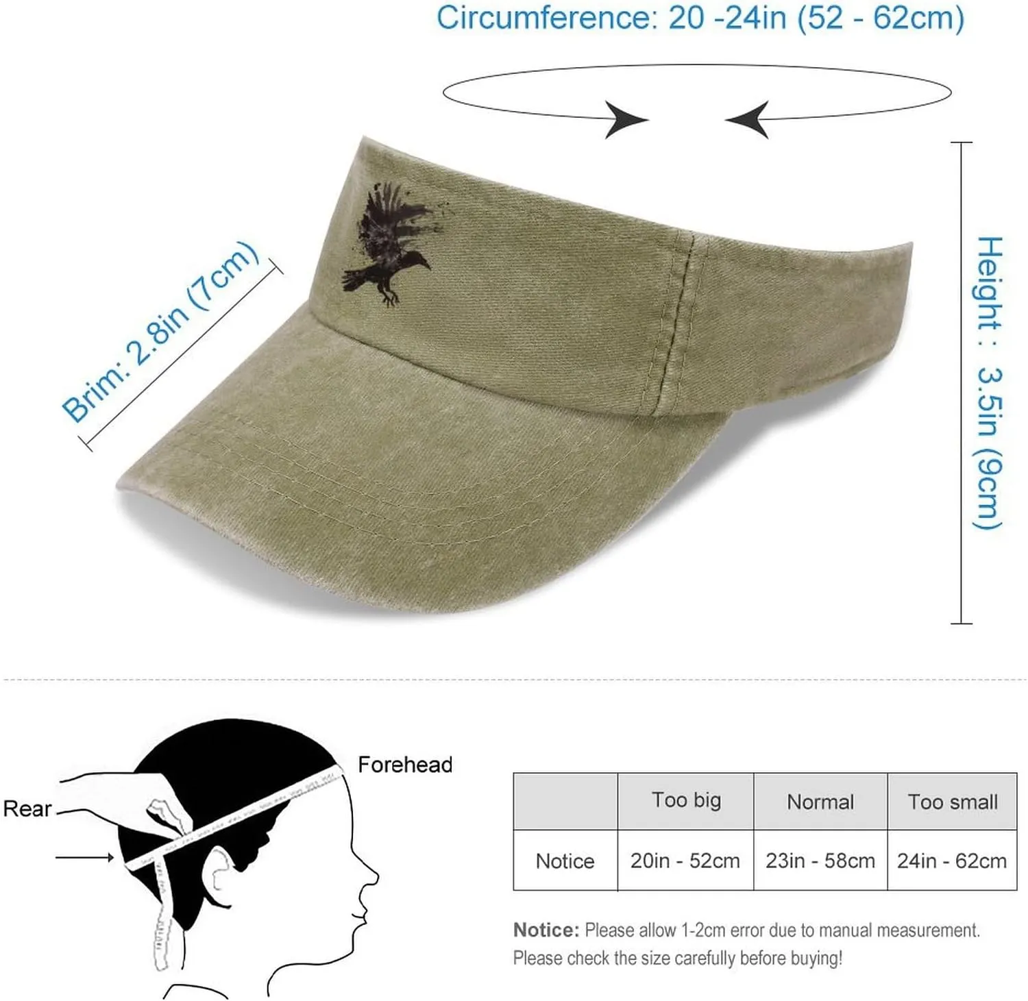Ink Raven Unisex Sport Sun Visor Hats Adjustable Empty Top Baseball Cap Travel Cotton Denim Hat