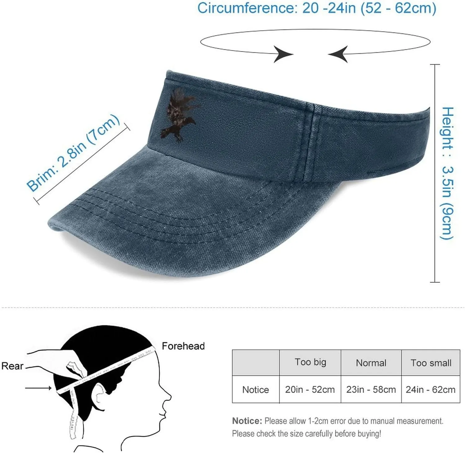 Ink Raven Unisex Sport Sun Visor Hats Adjustable Empty Top Baseball Cap Travel Cotton Denim Hat