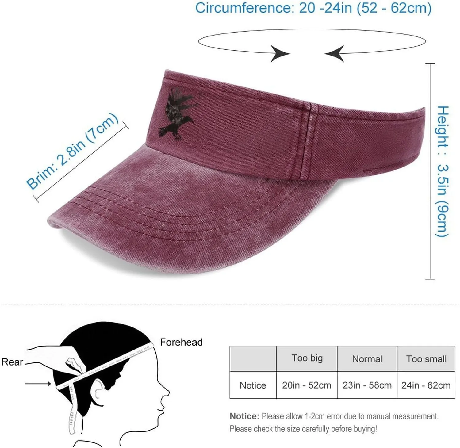 Ink Raven Unisex Sport Sun Visor Hats Adjustable Empty Top Baseball Cap Travel Cotton Denim Hat