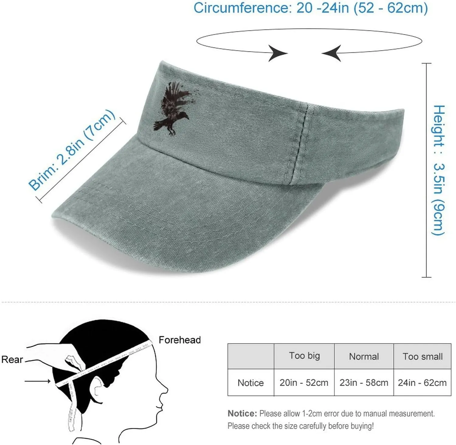 Ink Raven Unisex Sport Sun Visor Hats Adjustable Empty Top Baseball Cap Travel Cotton Denim Hat