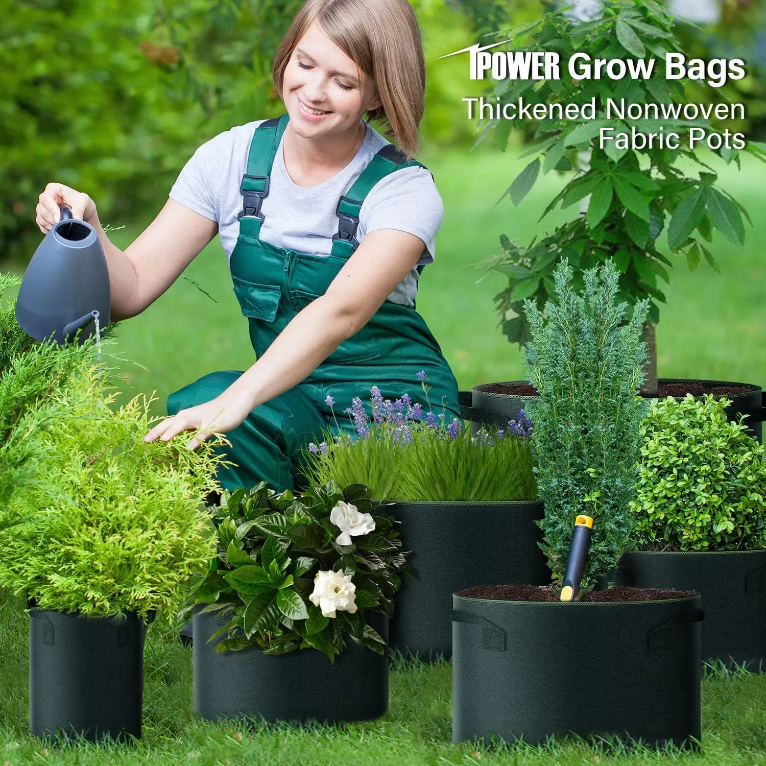 iPower 3-Gallon 10-Pack Grow Bag Thickened Nonwoven Fabric Pots Heavy Duty Aeration Container with Strap Handles for Garden and Planting Vegetable Flowers, Black with Green Stitch Sewing