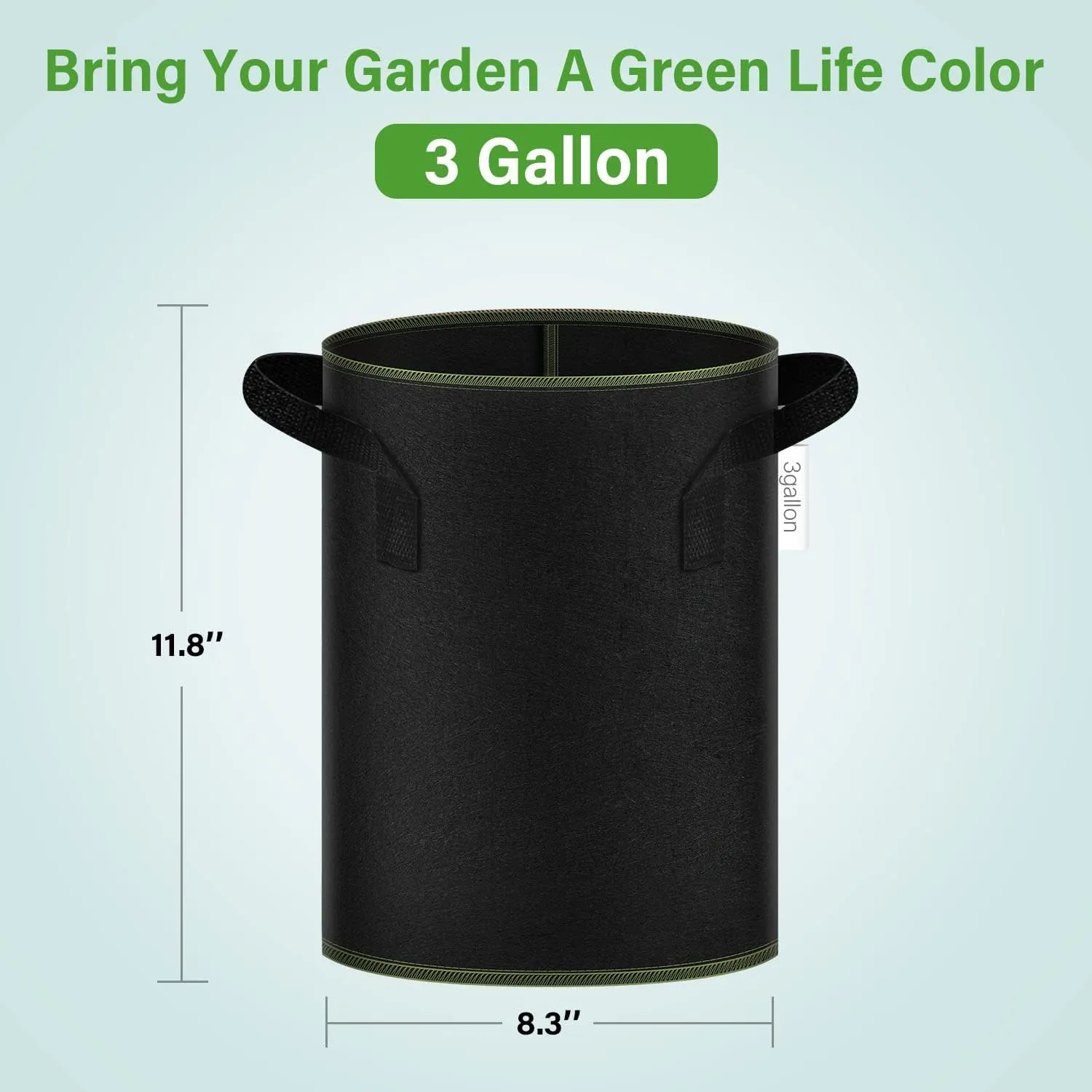 iPower 3-Gallon 10-Pack Grow Bag Thickened Nonwoven Fabric Pots Heavy Duty Aeration Container with Strap Handles for Garden and Planting Vegetable Flowers, Black with Green Stitch Sewing
