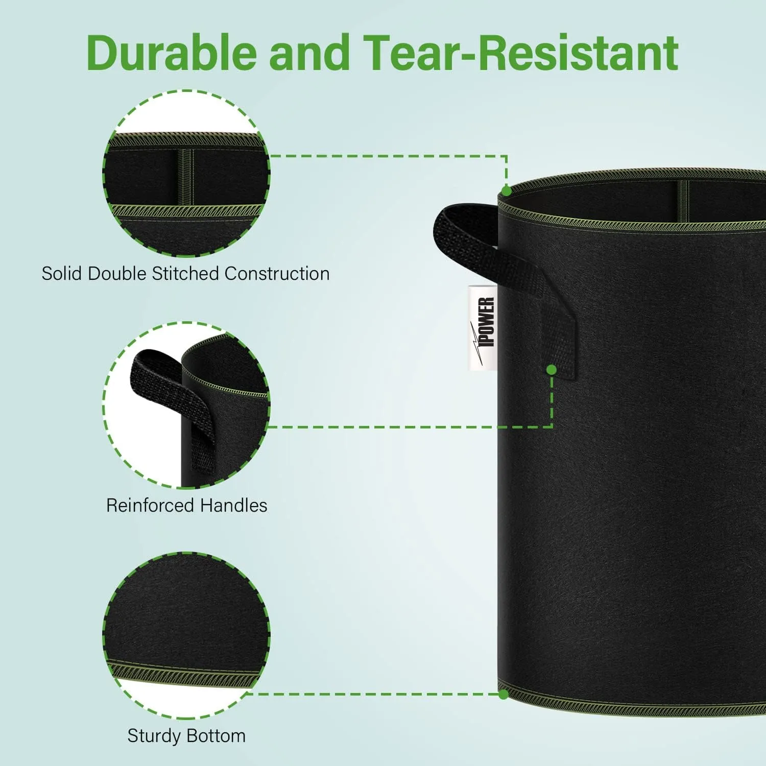 iPower 3-Gallon 10-Pack Grow Bag Thickened Nonwoven Fabric Pots Heavy Duty Aeration Container with Strap Handles for Garden and Planting Vegetable Flowers, Black with Green Stitch Sewing