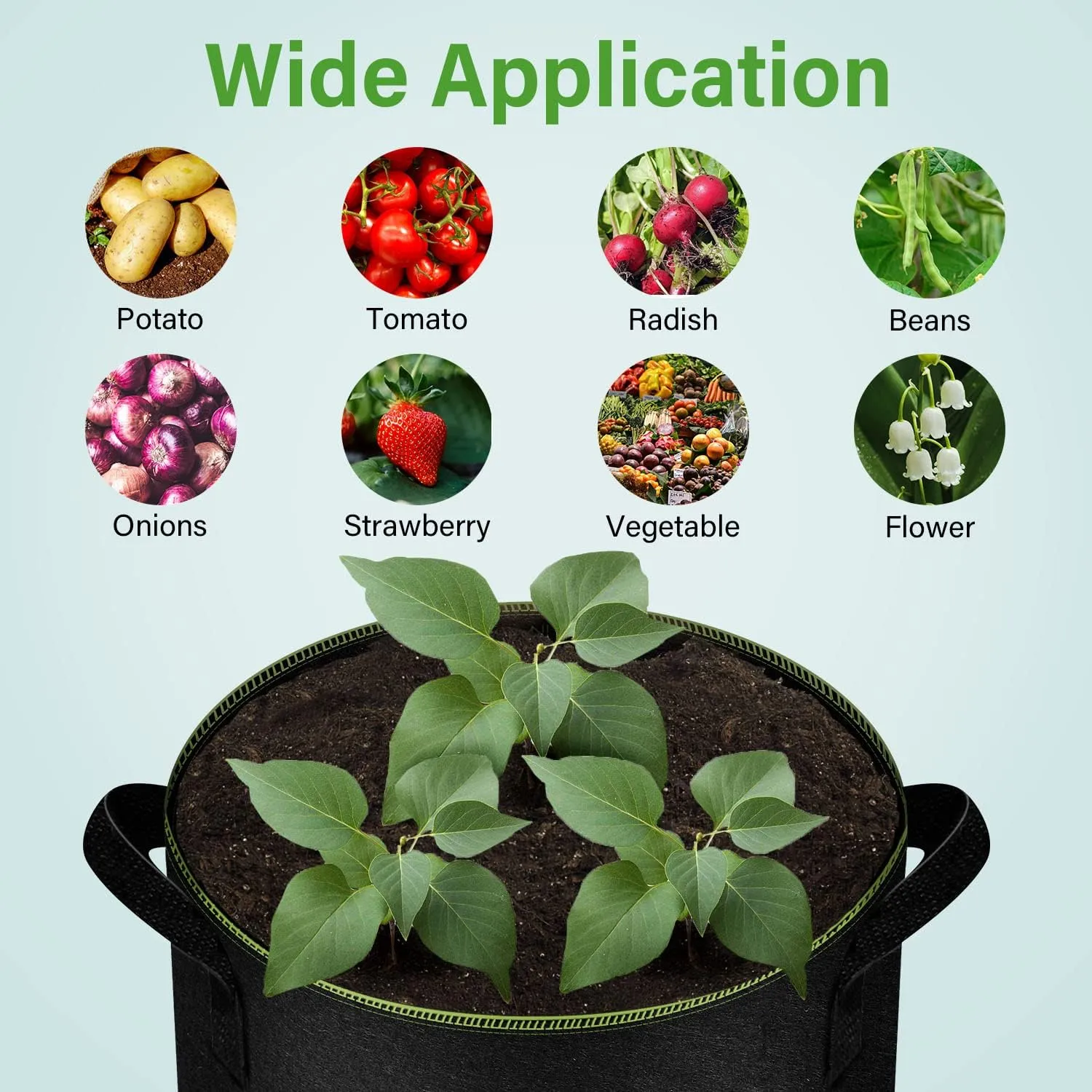 iPower 3-Gallon 10-Pack Grow Bag Thickened Nonwoven Fabric Pots Heavy Duty Aeration Container with Strap Handles for Garden and Planting Vegetable Flowers, Black with Green Stitch Sewing