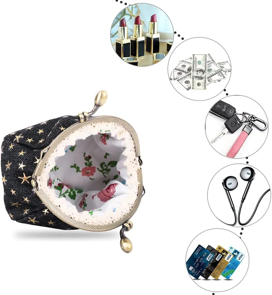 iSuperb Coin Purse Coin Bag Star Pouch Kiss-Lock Change Purse Small Wallets Coin Pouch for Women (Black)