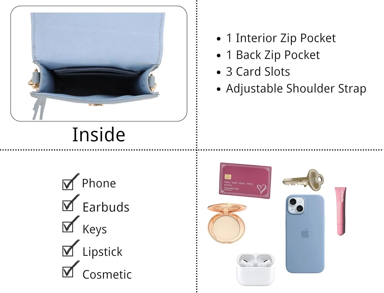 Izzy & Ali Compact Phone Crossbody Bag, Rectangular, Tassel Accent, Adjustable Chain Strap, Magnetic Flap Closure