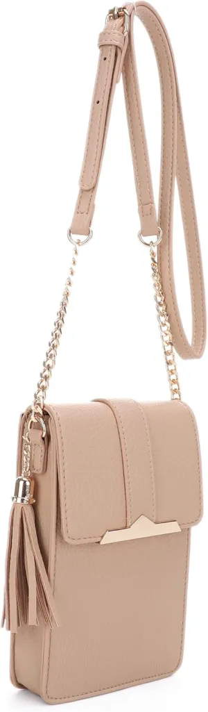 Izzy & Ali Compact Phone Crossbody Bag, Rectangular, Tassel Accent, Adjustable Chain Strap, Magnetic Flap Closure