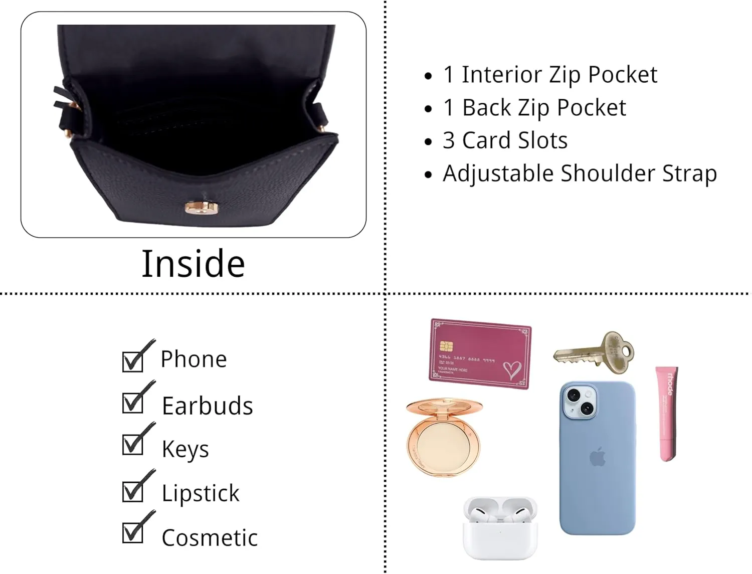 Izzy & Ali Compact Phone Crossbody Bag, Rectangular, Tassel Accent, Adjustable Chain Strap, Magnetic Flap Closure