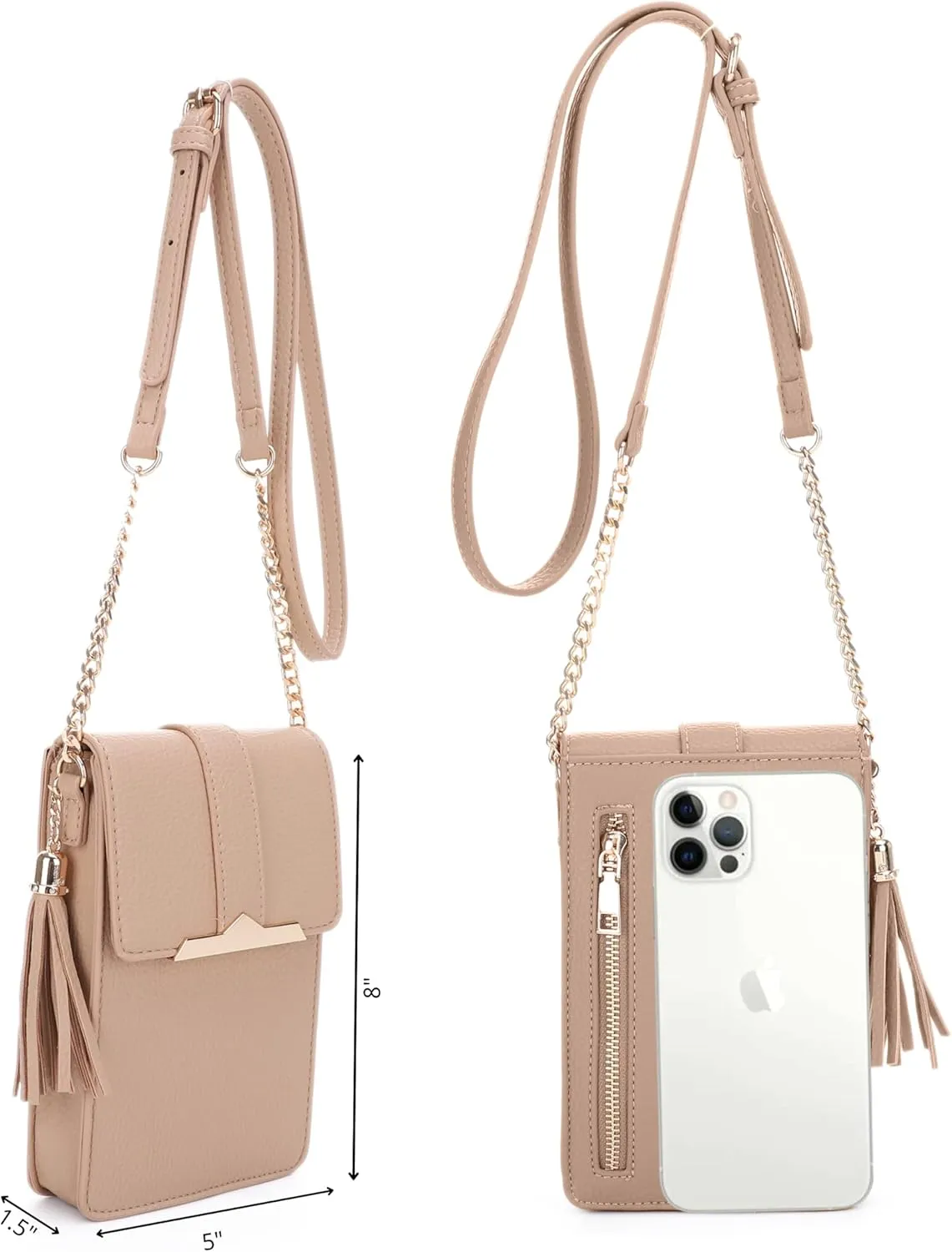 Izzy & Ali Compact Phone Crossbody Bag, Rectangular, Tassel Accent, Adjustable Chain Strap, Magnetic Flap Closure