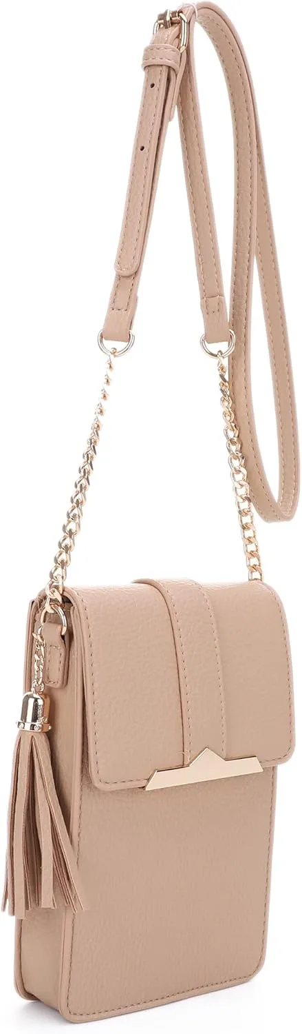Izzy & Ali Compact Phone Crossbody Bag, Rectangular, Tassel Accent, Adjustable Chain Strap, Magnetic Flap Closure