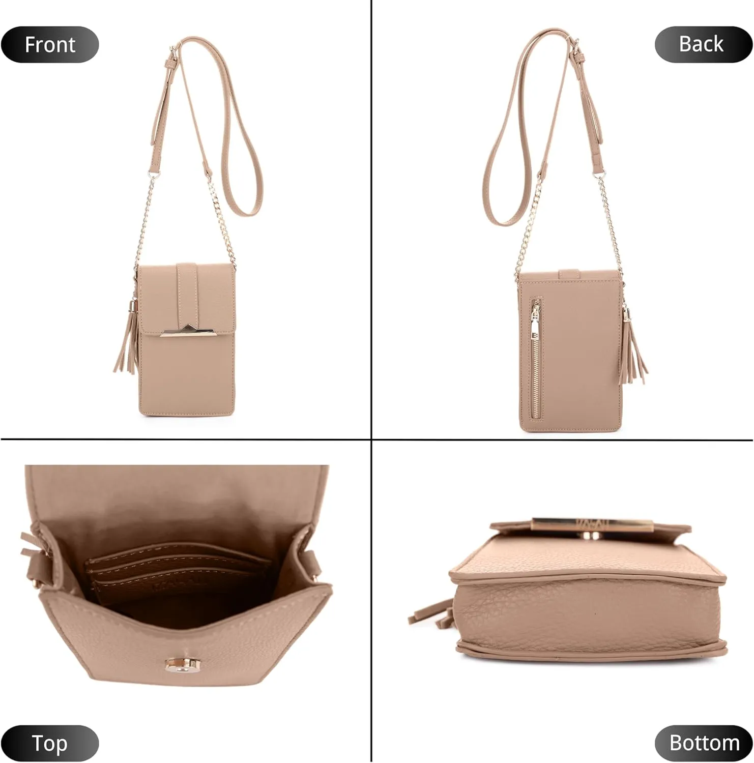Izzy & Ali Compact Phone Crossbody Bag, Rectangular, Tassel Accent, Adjustable Chain Strap, Magnetic Flap Closure
