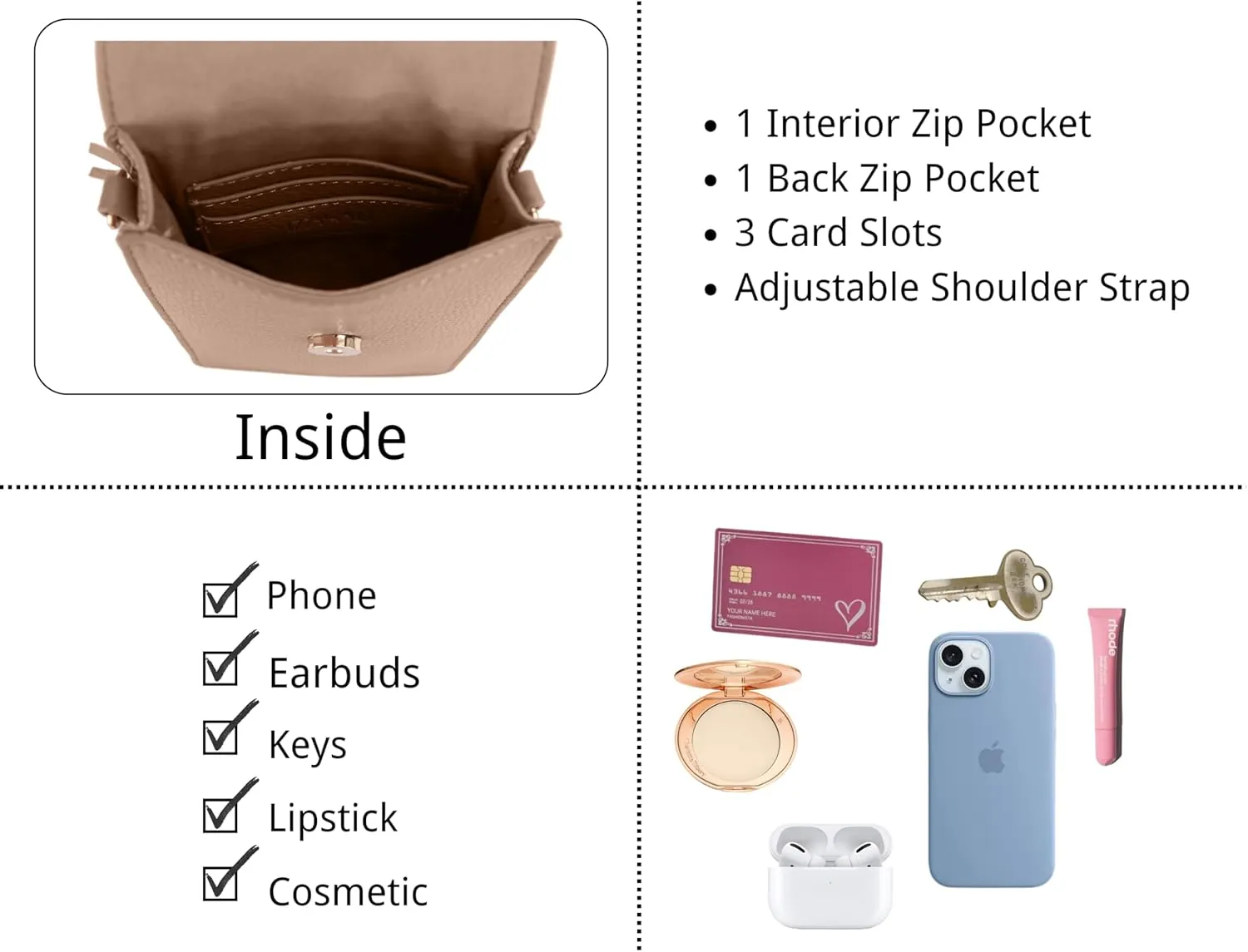 Izzy & Ali Compact Phone Crossbody Bag, Rectangular, Tassel Accent, Adjustable Chain Strap, Magnetic Flap Closure