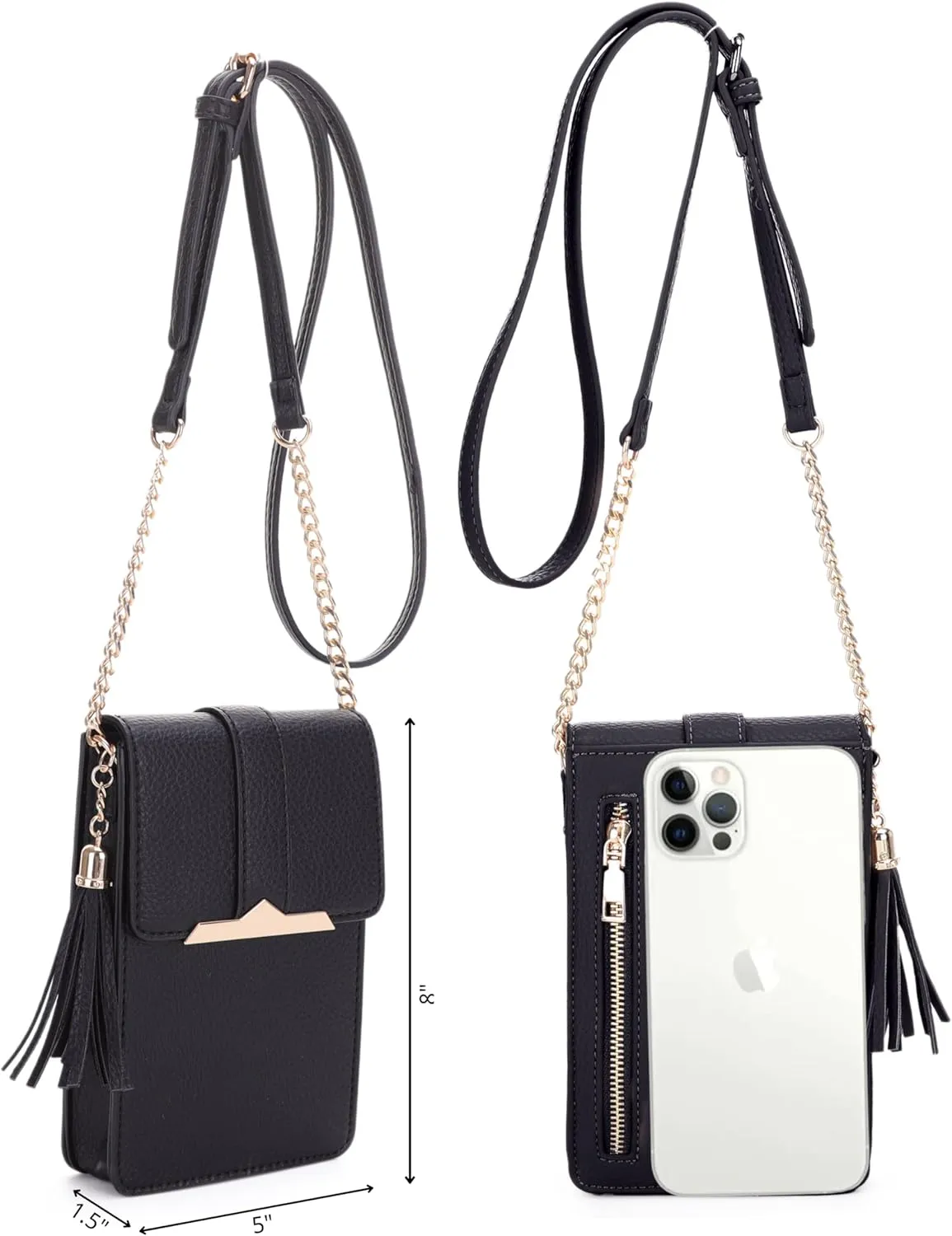 Izzy & Ali Compact Phone Crossbody Bag, Rectangular, Tassel Accent, Adjustable Chain Strap, Magnetic Flap Closure