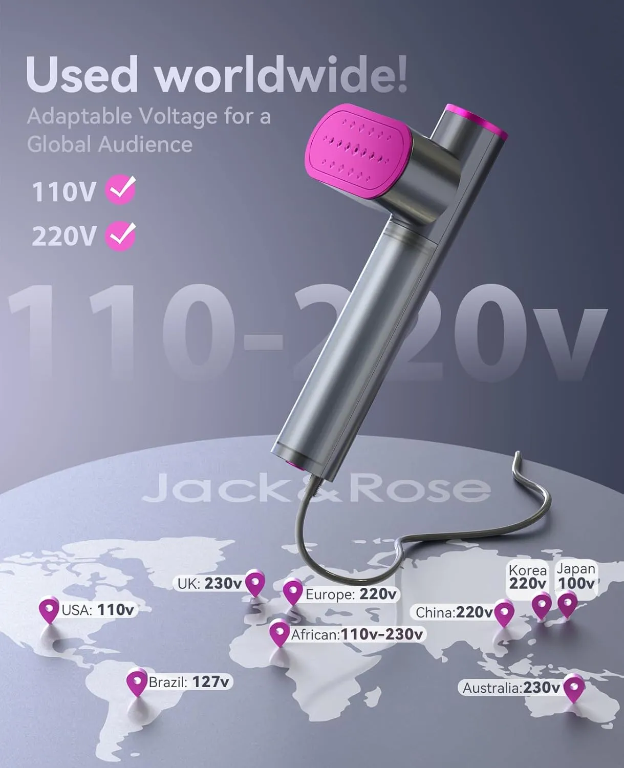Jack ＆ Rose Travel Steamer for Clothes,100-220V Portable Steamer,15s Heat Up,Steamer ＆ Iron 2 In 1, Travel Size Garment Steamer,Large Ceramic Heat Panel,for Global ＆ Europe Traveling