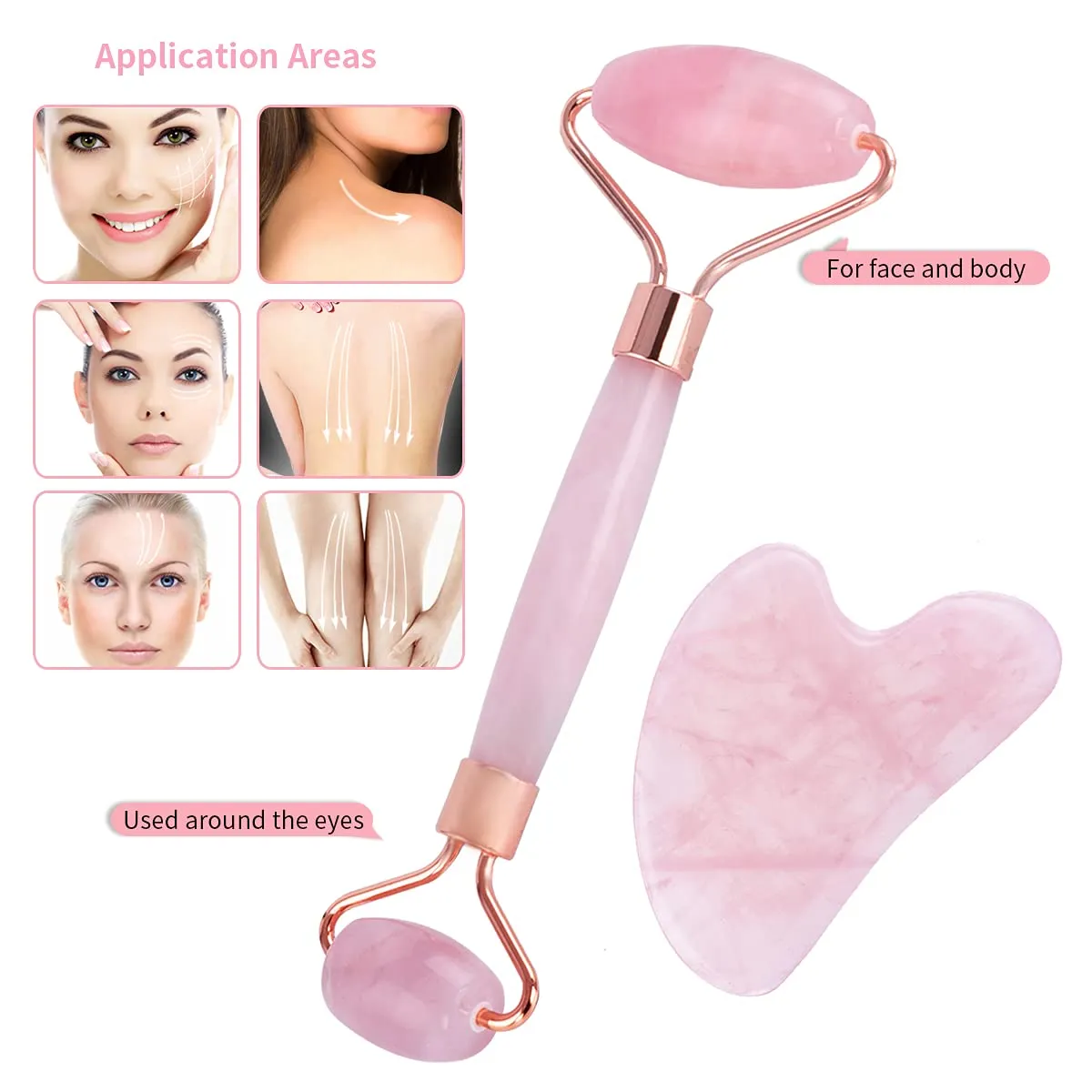 Jade Roller and Gua Sha Tool Set, Facial Beauty Roller Natural Rose Quartz Massage Tool Skin Care Kit for Face Eyes Neck and Body