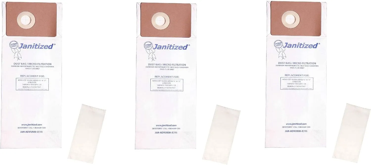 Janitized JAN-ADVU500-2(10) Advance VU500 Premium Replacement Commercial Vacuum Paper Bag, Includes 2 Pre Filters (Pack of 10) Thrее Раck