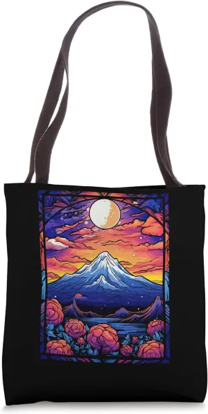 Japanese Mount Fuji Landscape Floral Stained Glass Tote Bag