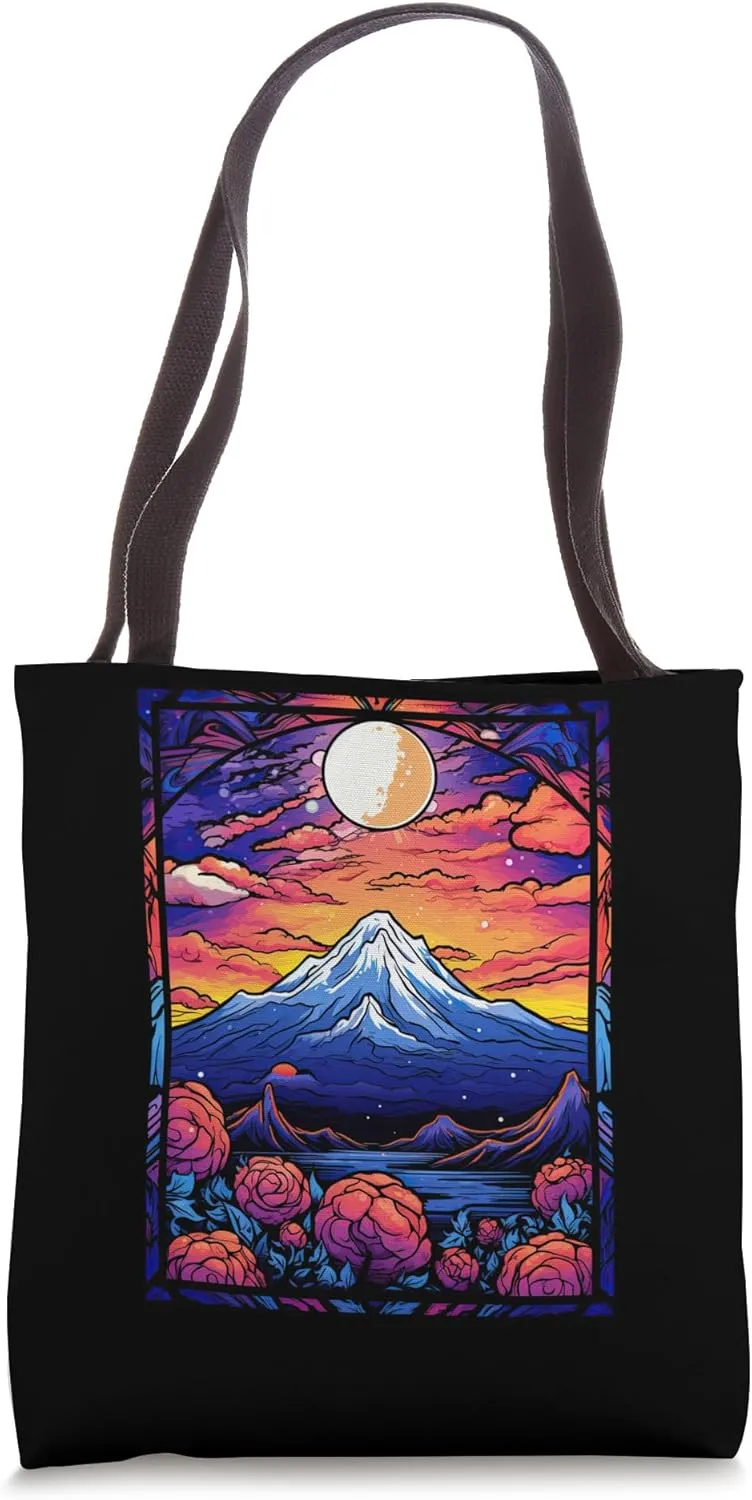Japanese Mount Fuji Landscape Floral Stained Glass Tote Bag
