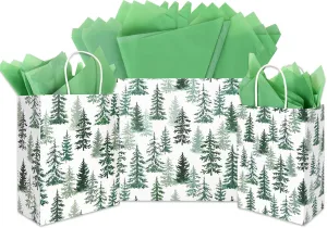 JarThenaAMCS 12Pcs Christmas Paper Gift Bags with Tissue Paper, Pine Tree Forest Party Favor Bags with Handle, 3 Sizes