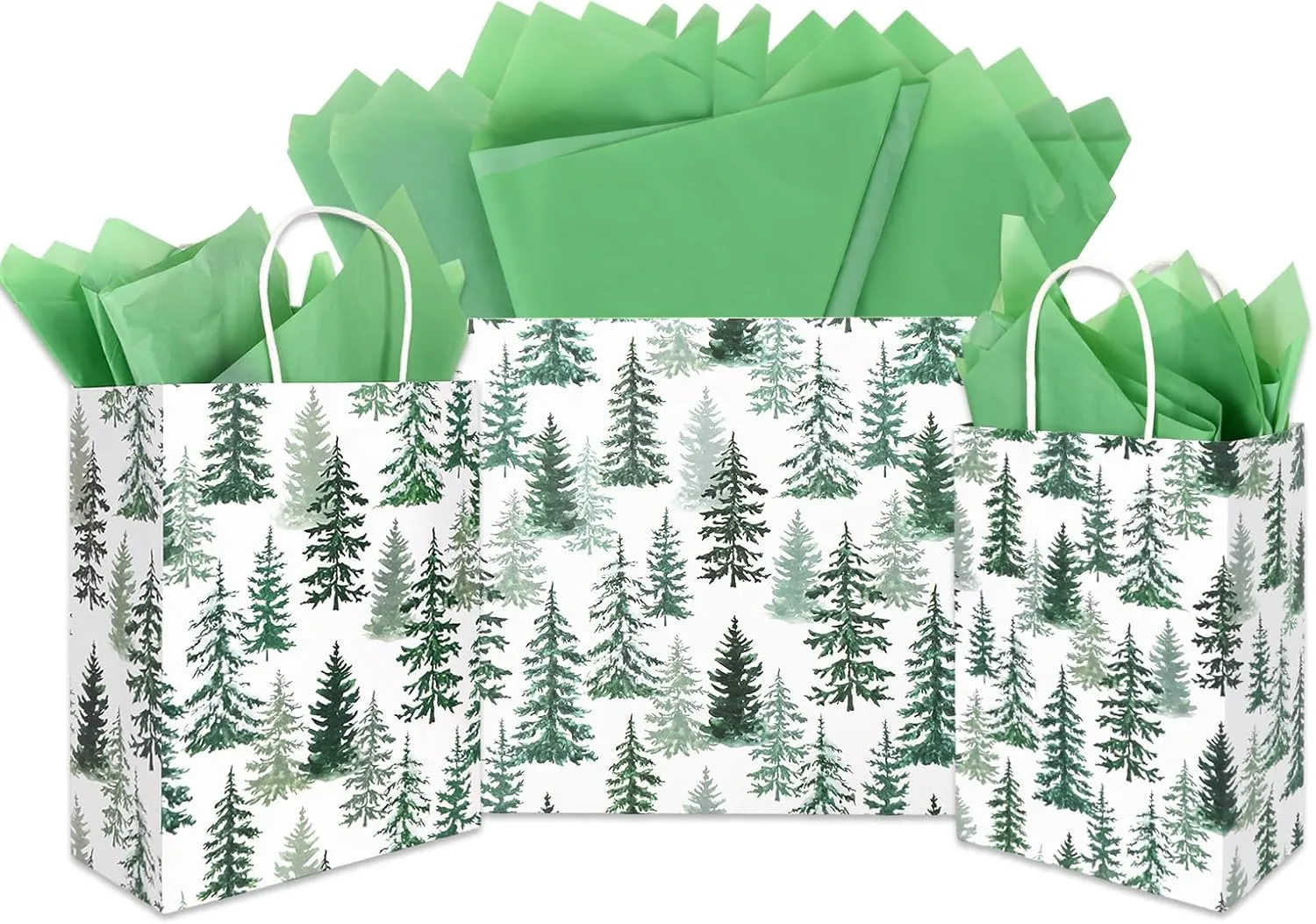 JarThenaAMCS 12Pcs Christmas Paper Gift Bags with Tissue Paper, Pine Tree Forest Party Favor Bags with Handle, 3 Sizes
