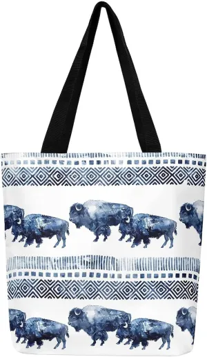 jejeloiu Buffalo Large Capacity Shoulder Handbags Wild Bison Canvas Tote Bags Wild Animal Wood Grain Travel Bag 16"x20"