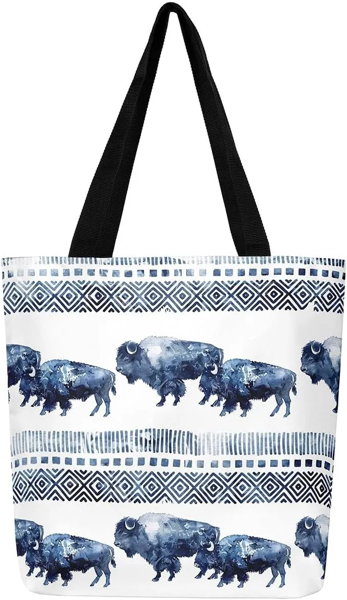 jejeloiu Buffalo Large Capacity Shoulder Handbags Wild Bison Canvas Tote Bags Wild Animal Wood Grain Travel Bag 16"x20"