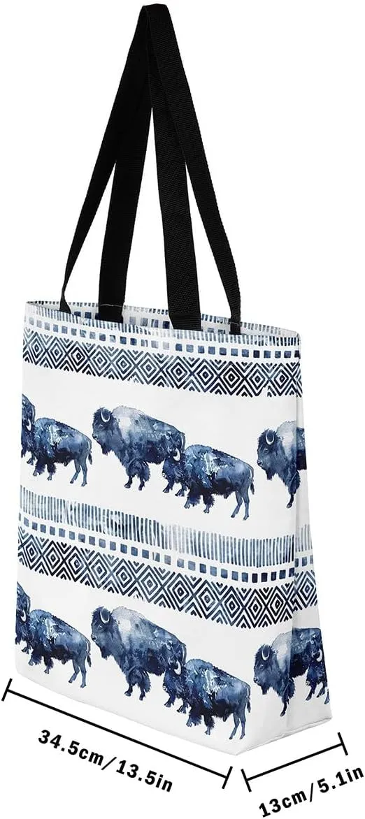 jejeloiu Buffalo Large Capacity Shoulder Handbags Wild Bison Canvas Tote Bags Wild Animal Wood Grain Travel Bag 16"x20"