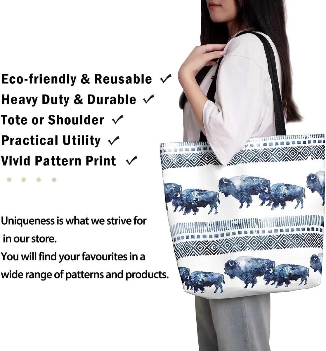 jejeloiu Buffalo Large Capacity Shoulder Handbags Wild Bison Canvas Tote Bags Wild Animal Wood Grain Travel Bag 16"x20"