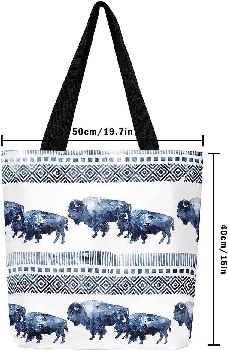 jejeloiu Buffalo Large Capacity Shoulder Handbags Wild Bison Canvas Tote Bags Wild Animal Wood Grain Travel Bag 16"x20"