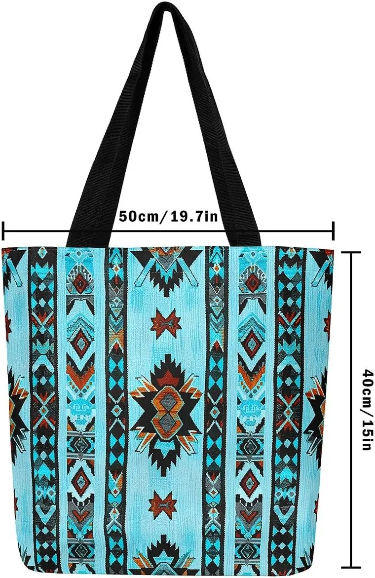 jejeloiu Southwestern Canvas Tote Bags 16"x20" Geometric Travel Bag Exotic Native American Large Capacity Shoulder Handbags