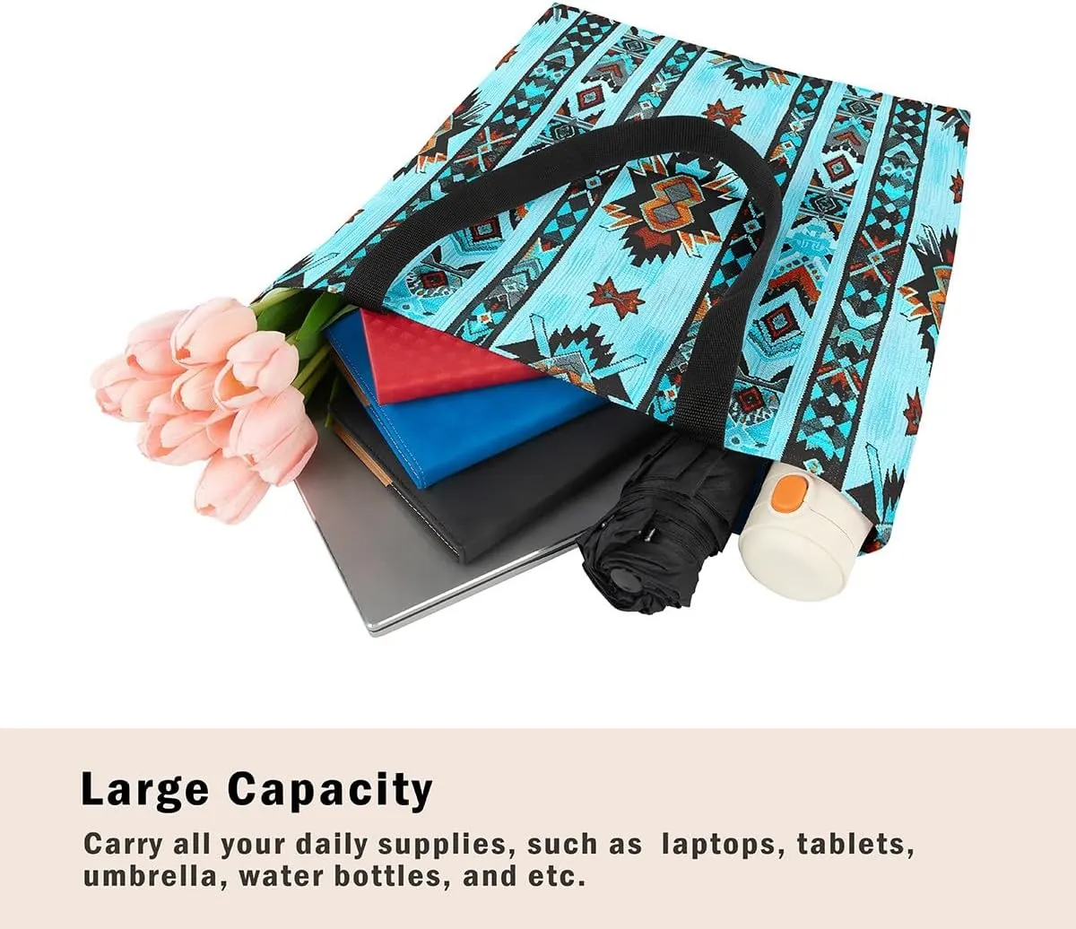 jejeloiu Southwestern Canvas Tote Bags 16"x20" Geometric Travel Bag Exotic Native American Large Capacity Shoulder Handbags