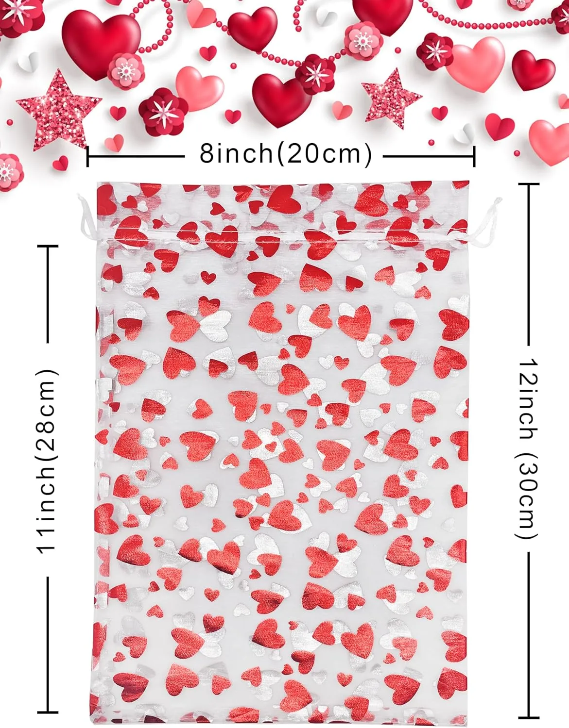 Jexila 50 Pack Valentine's Day Organza Gift Bags 8X12 inch Sheer Heart Printed Valentine Drawstring Goodie Candy Treat Bags for Valentine Mother's Day Party Favor