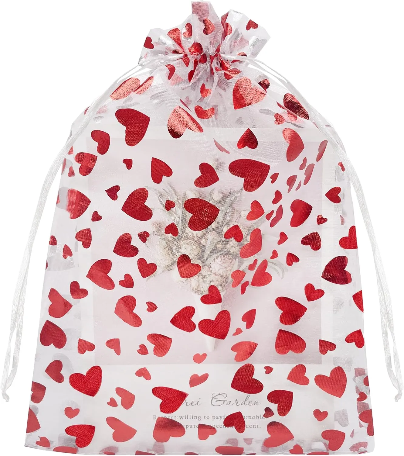 Jexila 50 Pack Valentine's Day Organza Gift Bags 8X12 inch Sheer Heart Printed Valentine Drawstring Goodie Candy Treat Bags for Valentine Mother's Day Party Favor